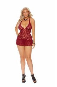 Lace Babydoll w/panty, Burgundy Q/S